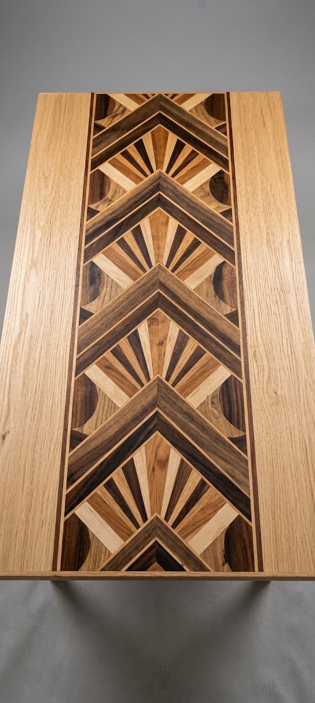Geometric marquetry desktop seen from above