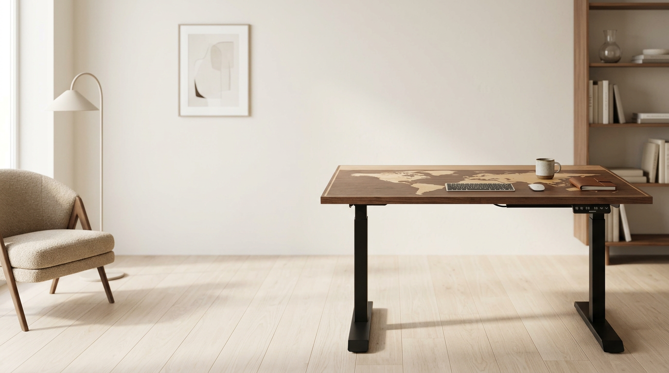 Marquetry desktop in a calm, refined office