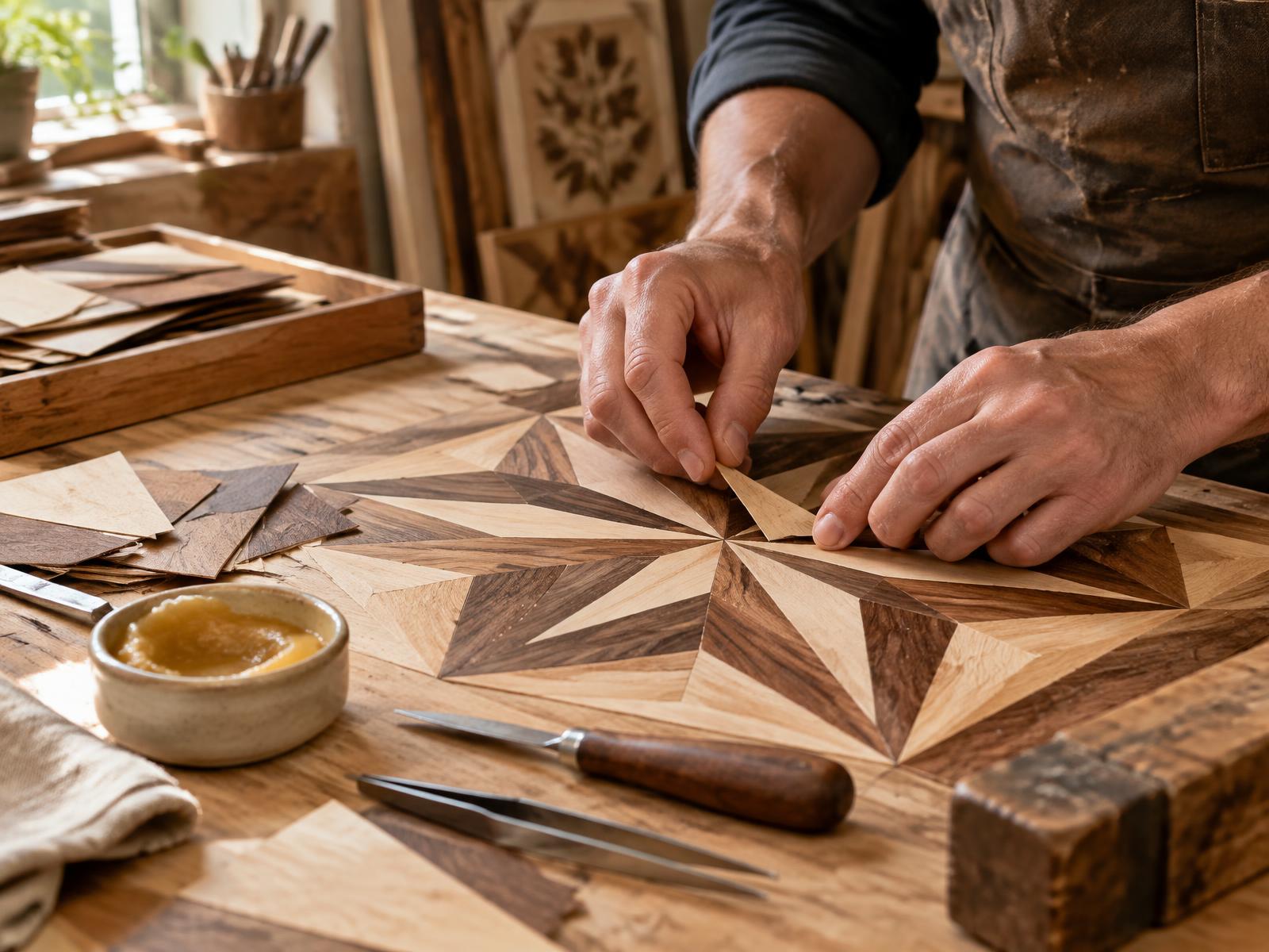 Assembling the marquetry by hand in the workshop