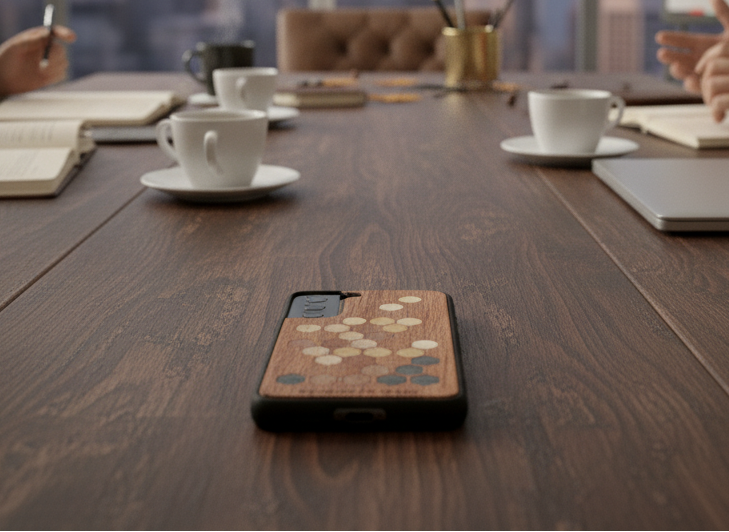 Phone case on a wooden table with people and coffee cups in the background