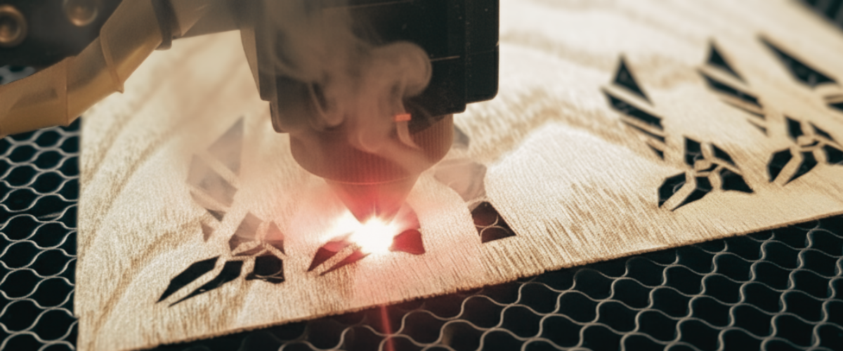 Laser engraving machine in action on a wooden surface with intricate patterns.