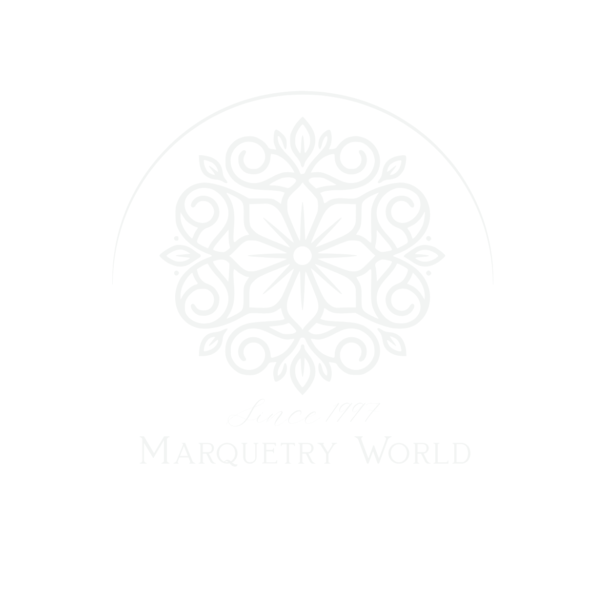 Decorative logo with intricate patterns and 'Marquetry World' text on a transparent background