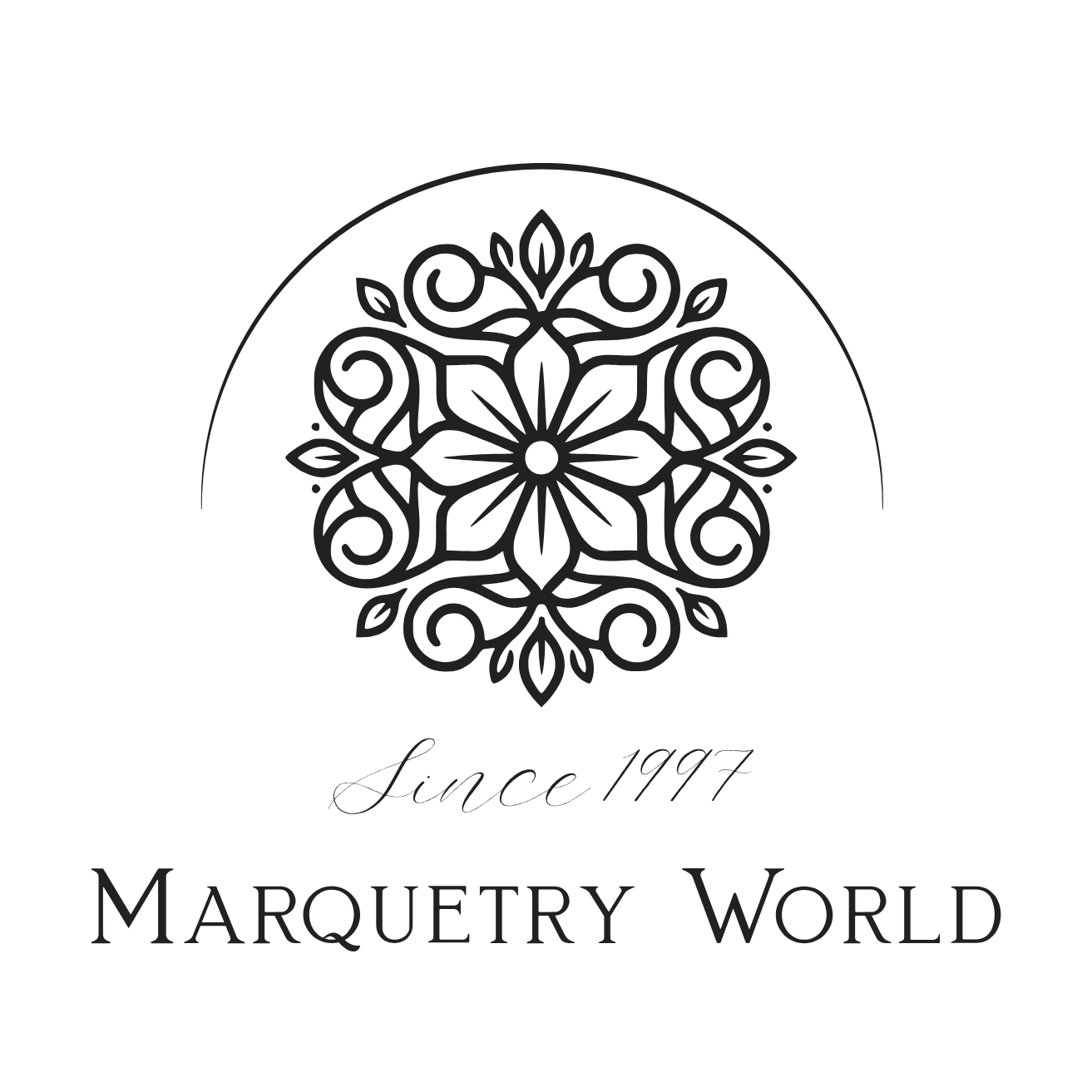 Decorative logo with a floral design and text 'Marquetry World' on a transparent background