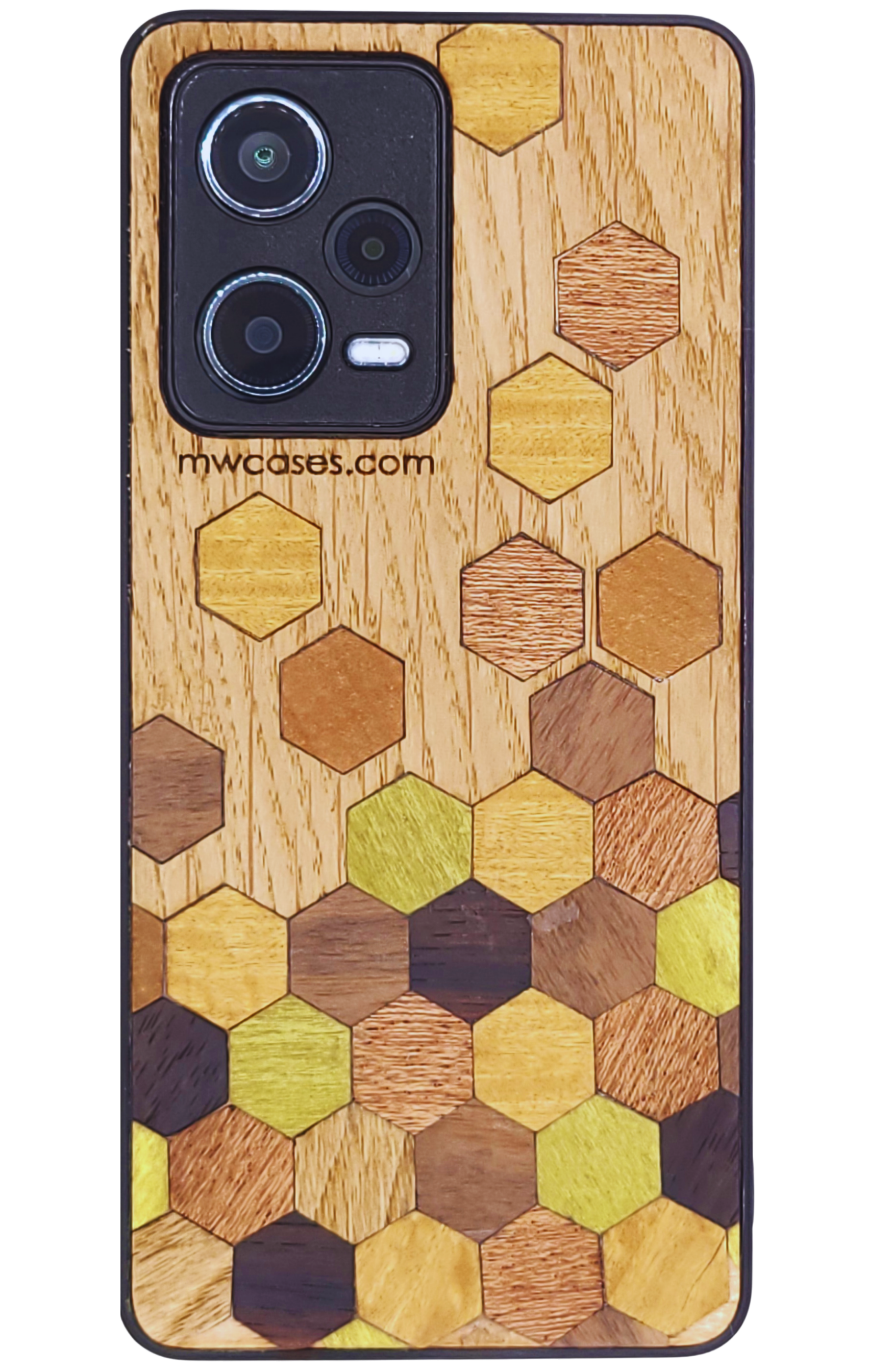 Wooden phone case with hexagonal wood pattern and brand name on a transparent background