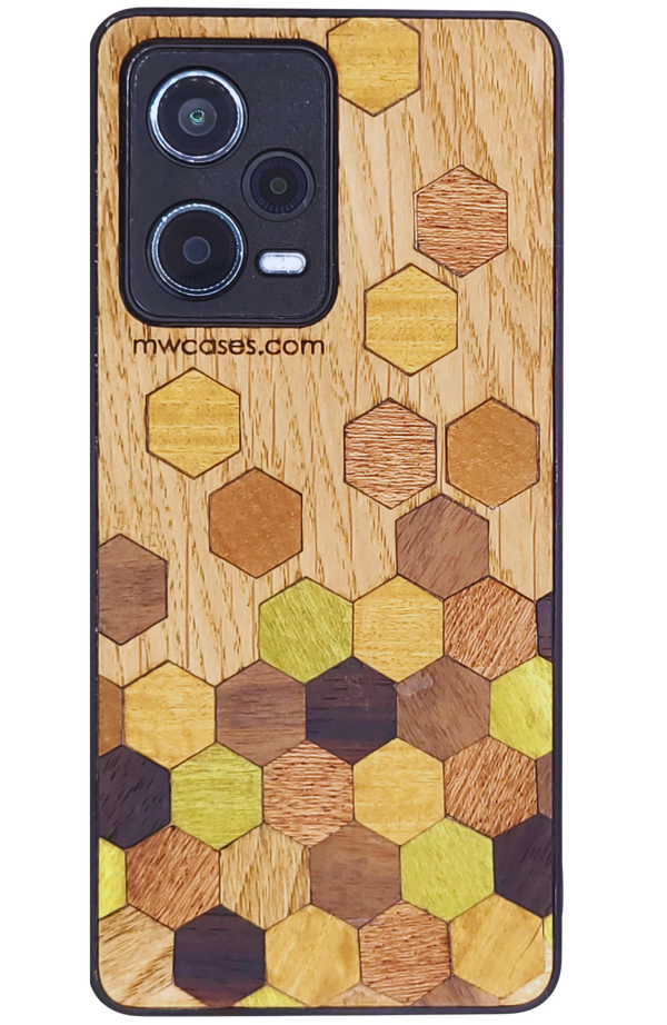Wooden phone case with hexagonal wood pattern and brand name on a transparent background