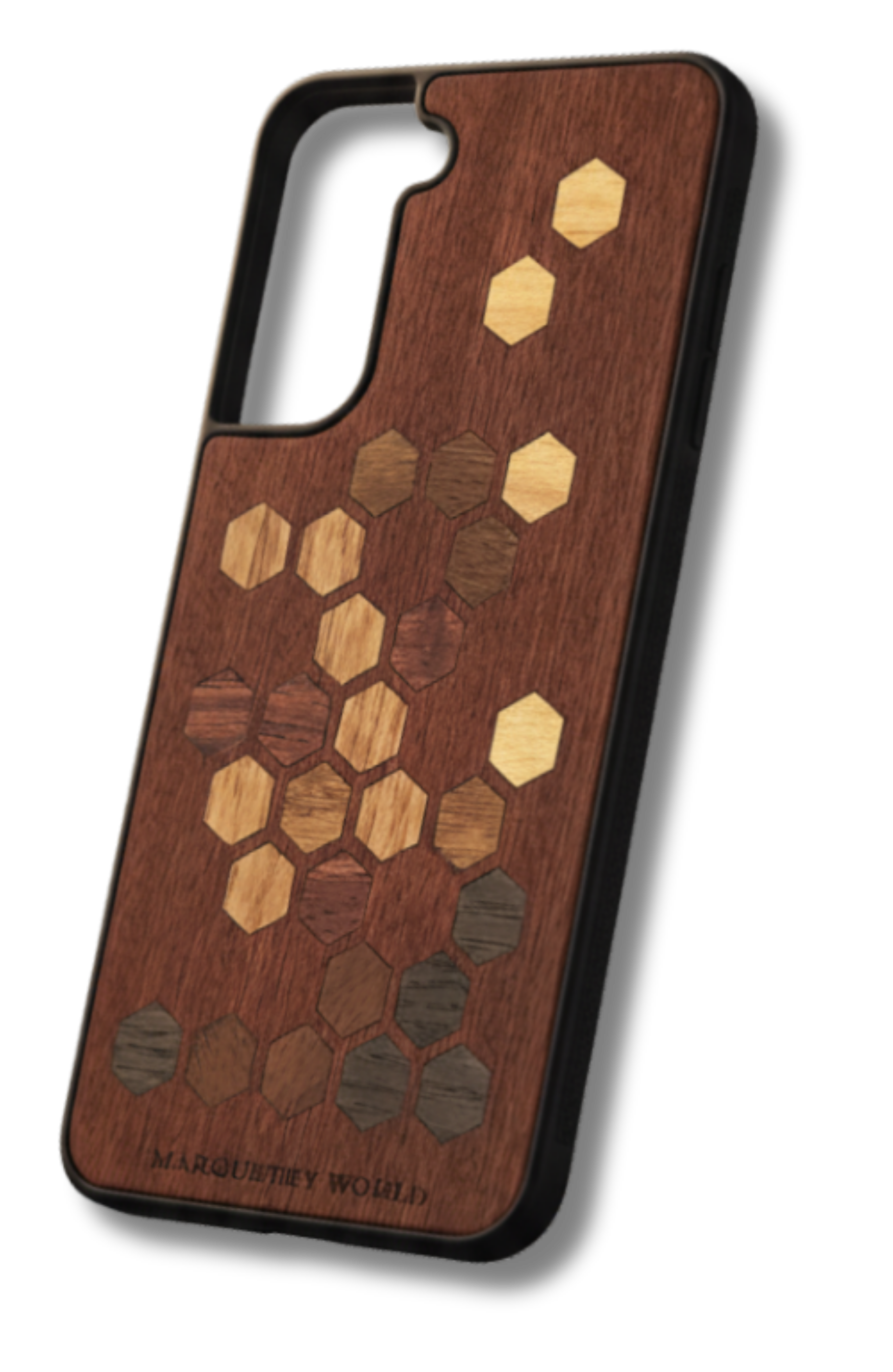 Wooden phone case with honeycomb pattern on a white background