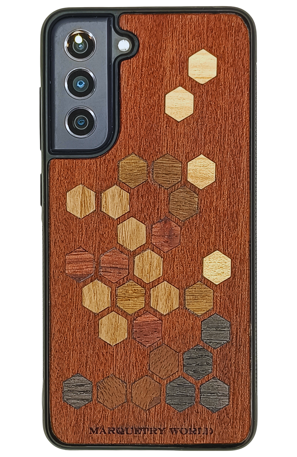 Wooden phone case with hexagonal wood pattern on a transparent background