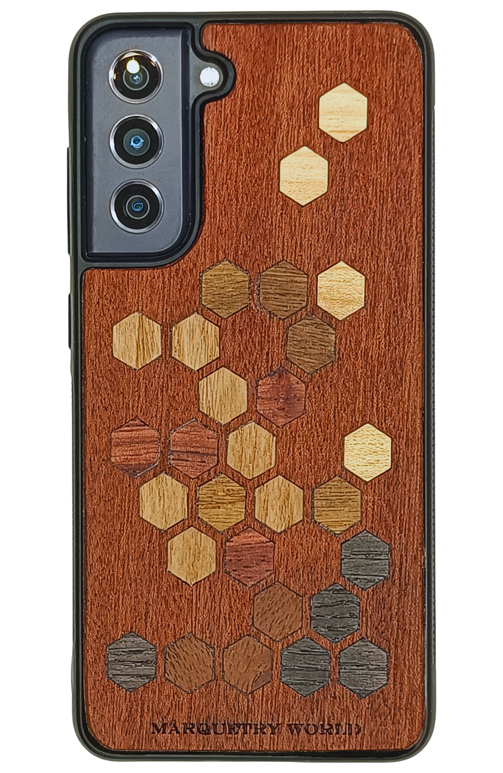 Wooden phone case with hexagonal wood pattern on a transparent background