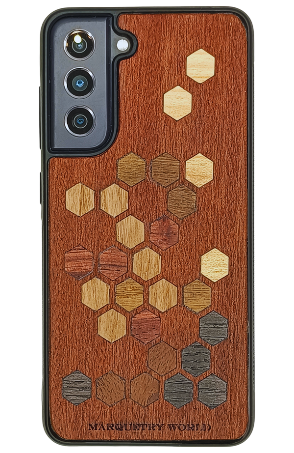 Wooden phone case with hexagonal wood pattern on a transparent background