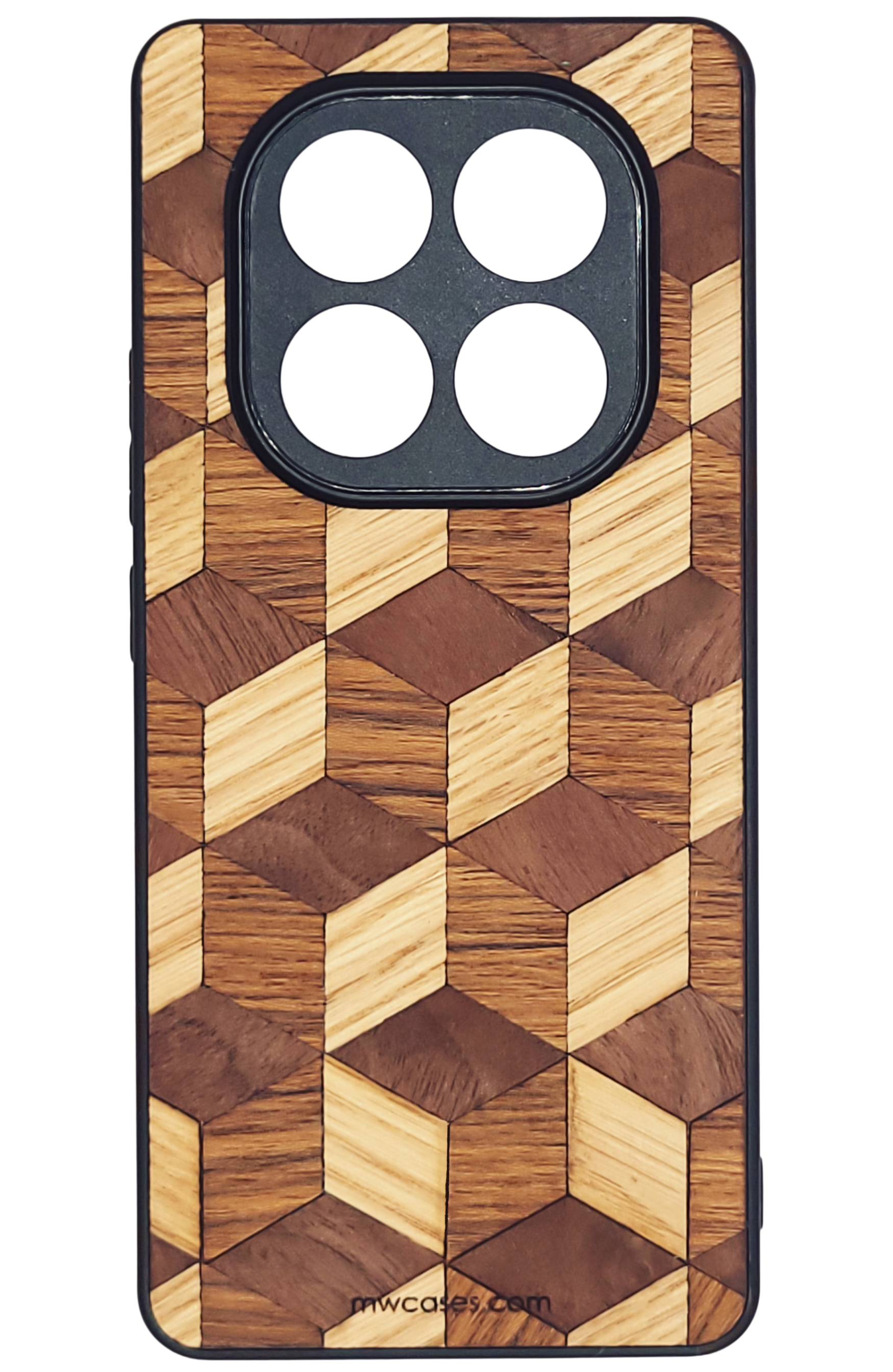 wooden phone case with geometric cubic pattern