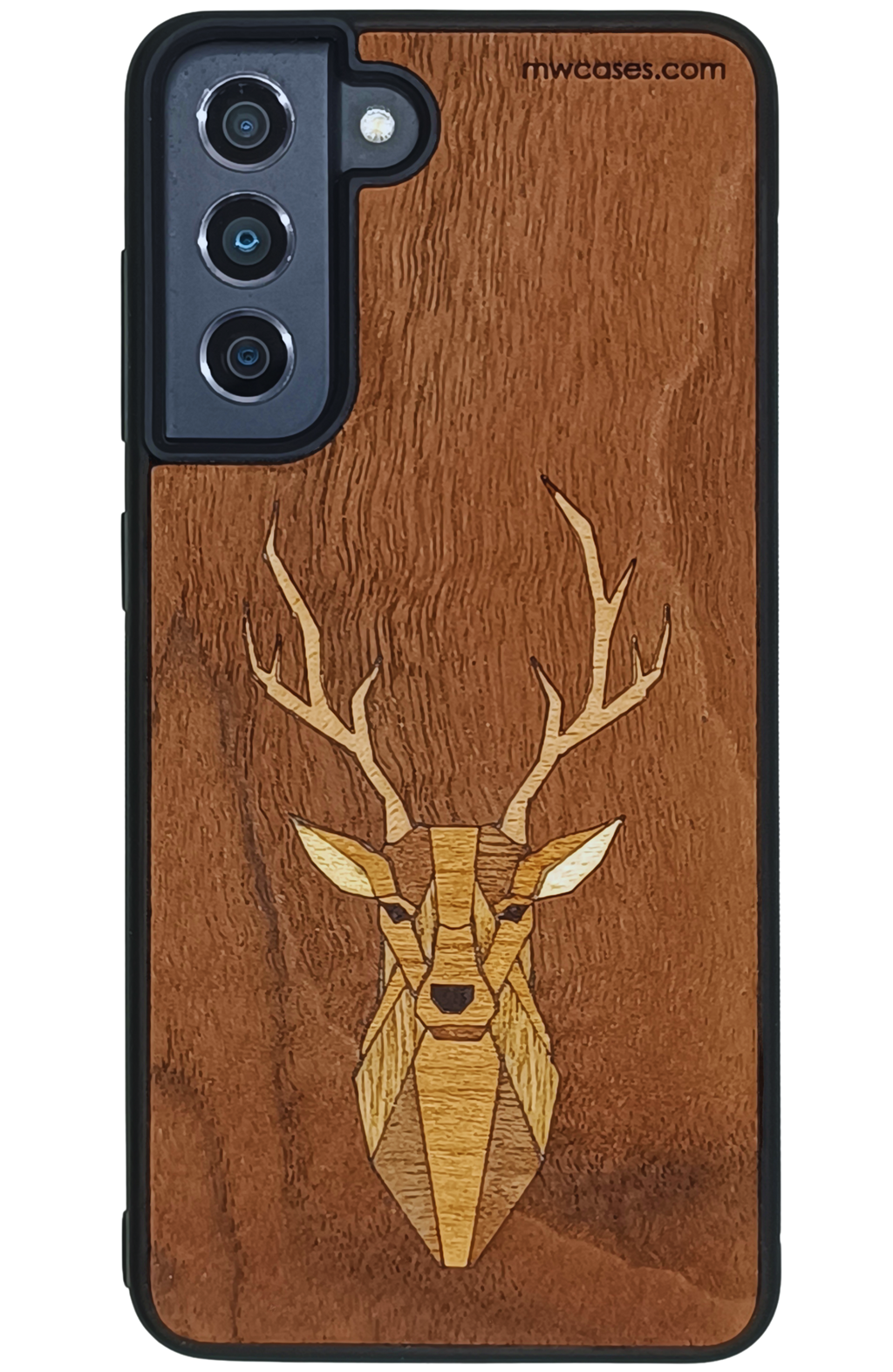 Wooden phone case with deer design on a transparent background