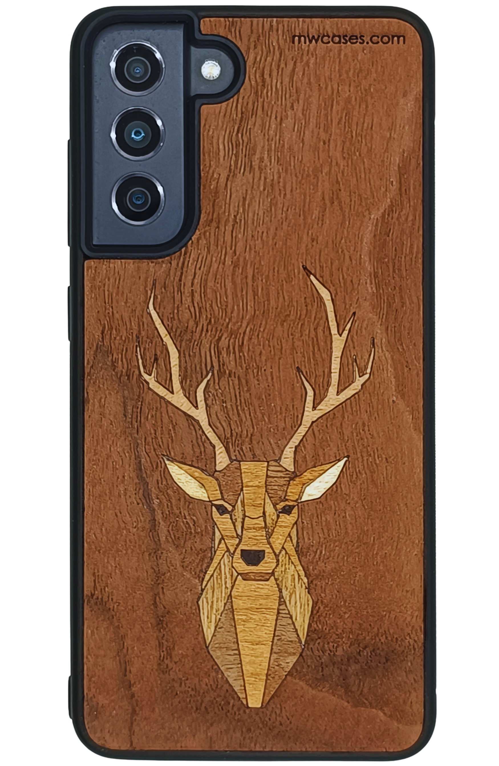 Wooden phone case with deer design on a transparent background