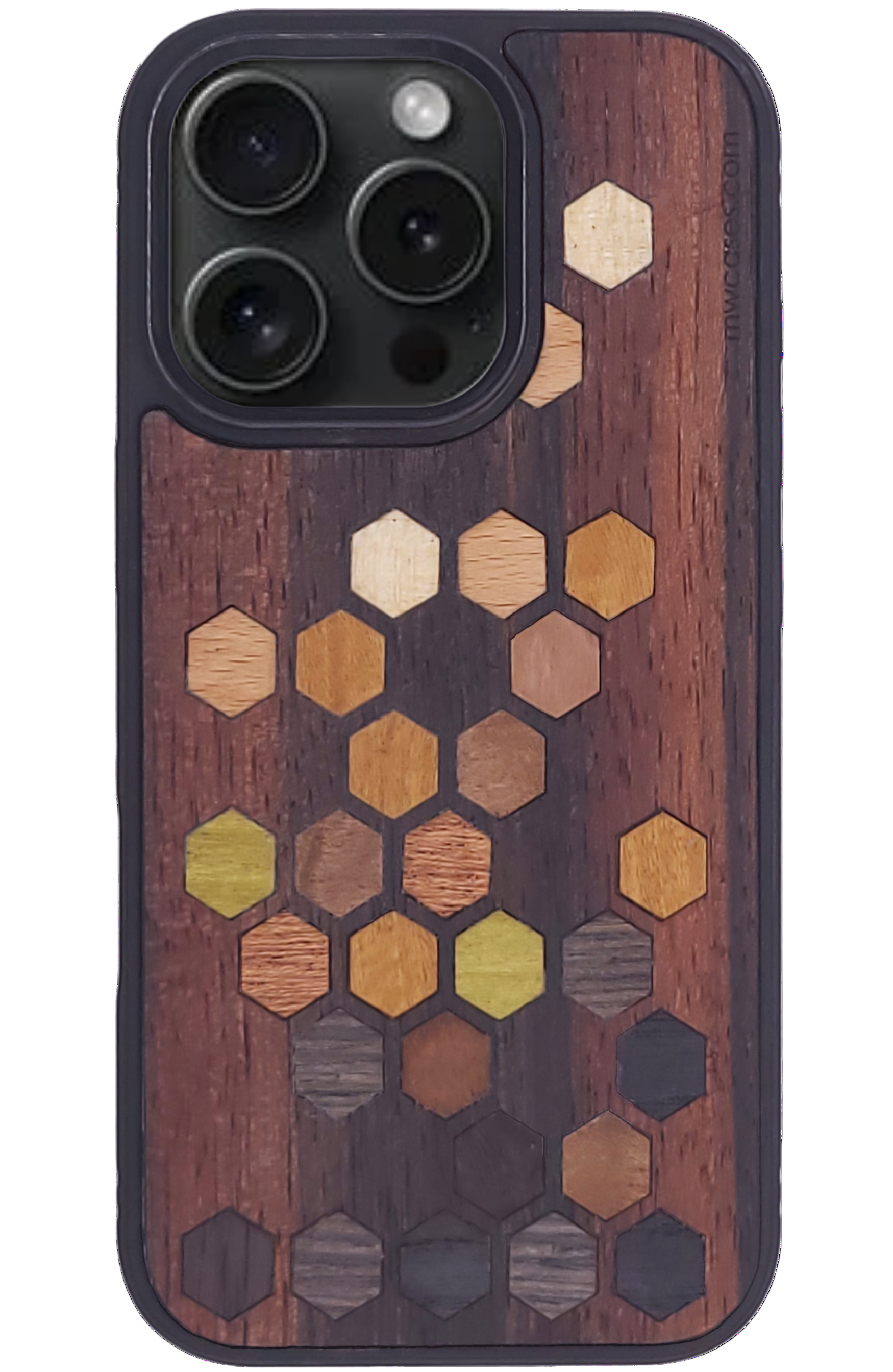 Wooden phone case with hexagonal wood pattern on a transparent background