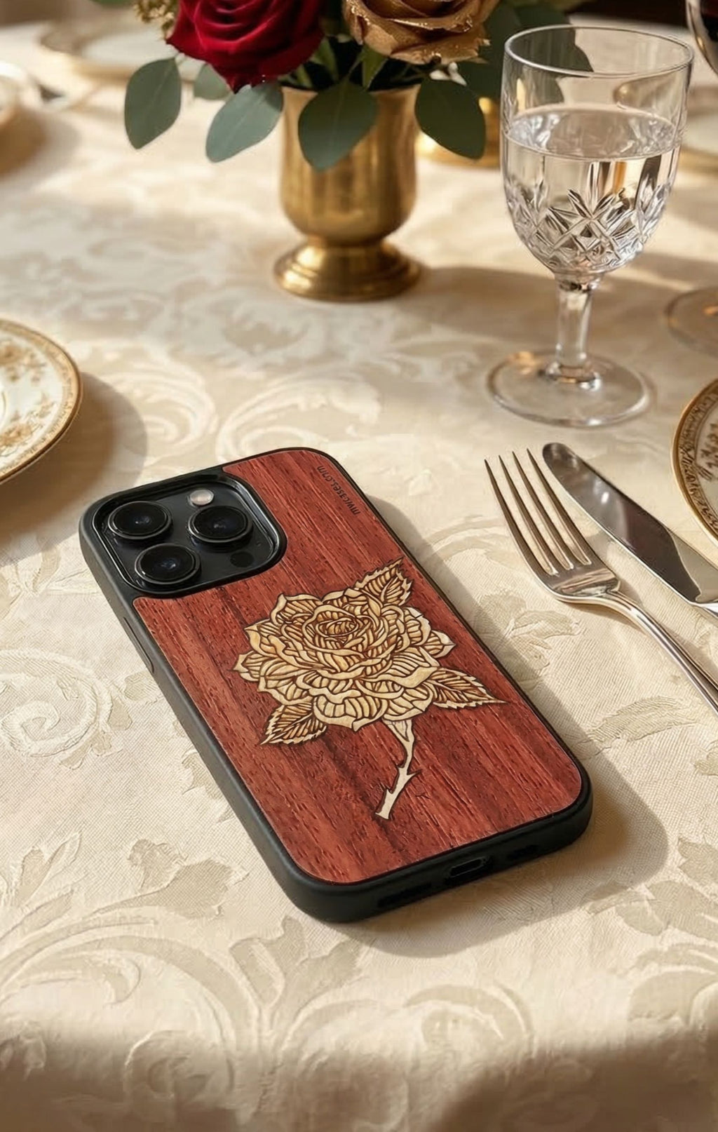 wooden marquetry phone case with rose engraved patter on dining table