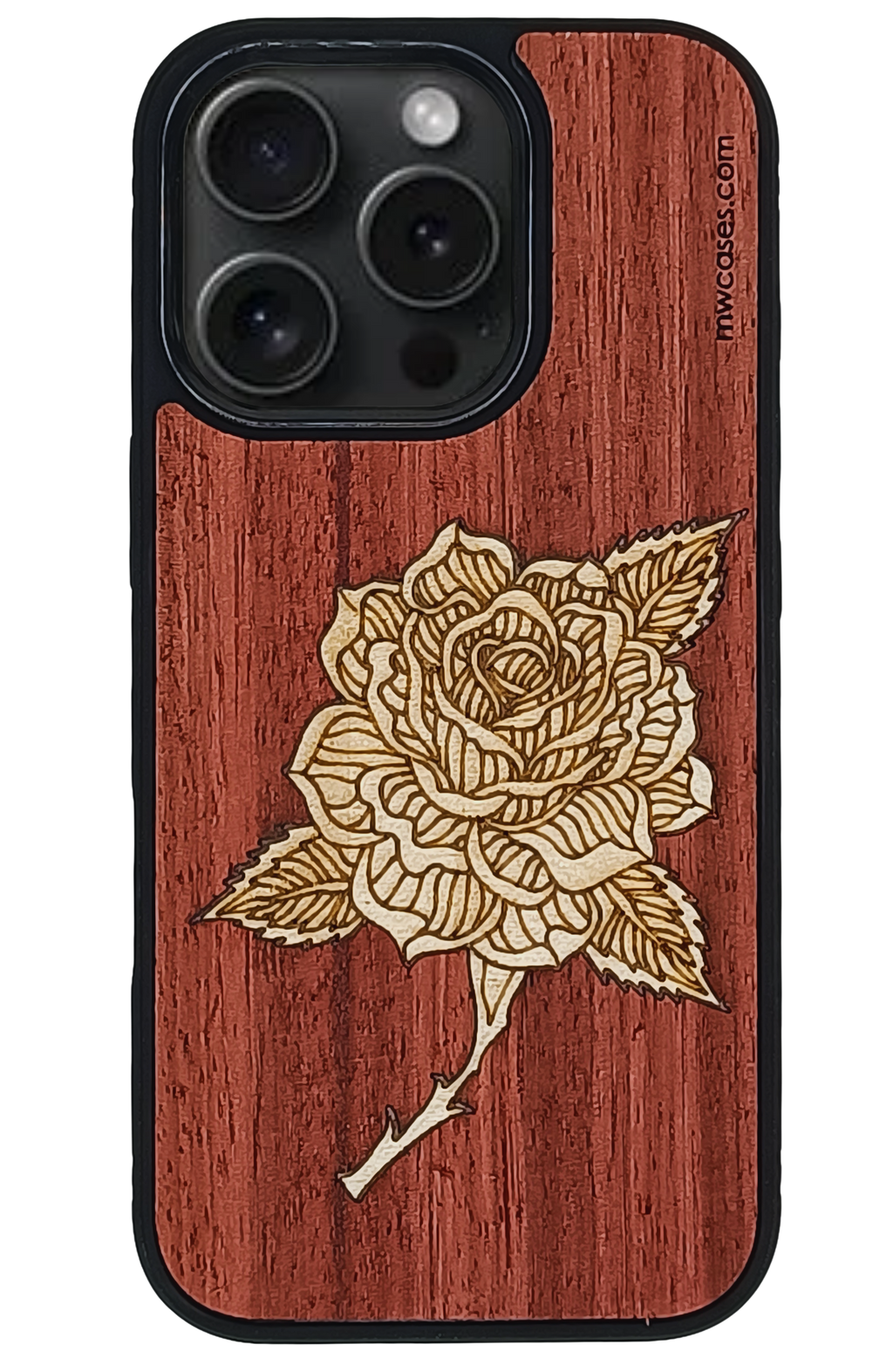 Phone case with wooden finish and engraved rose design