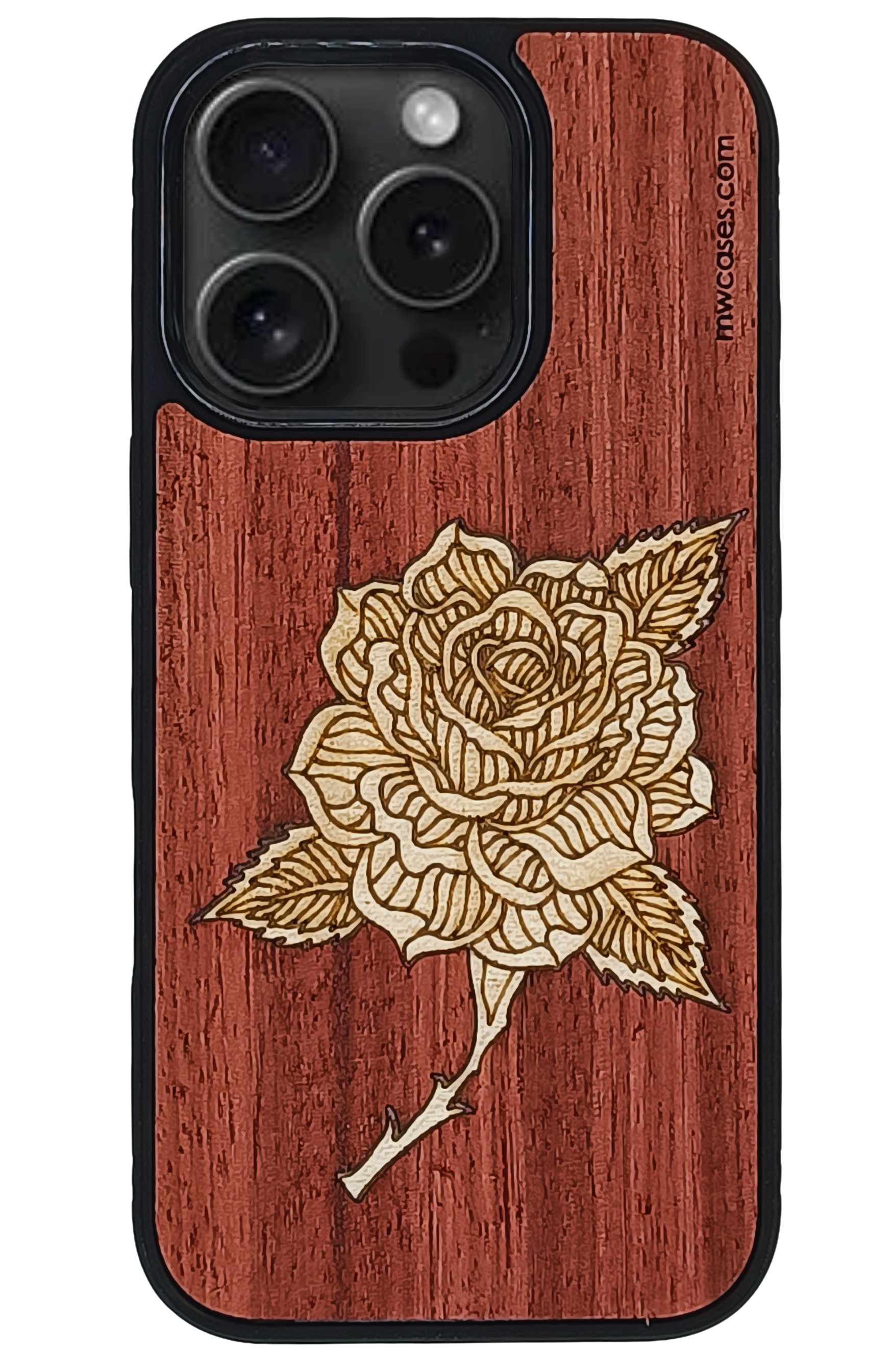 Phone case with wooden finish and engraved rose design