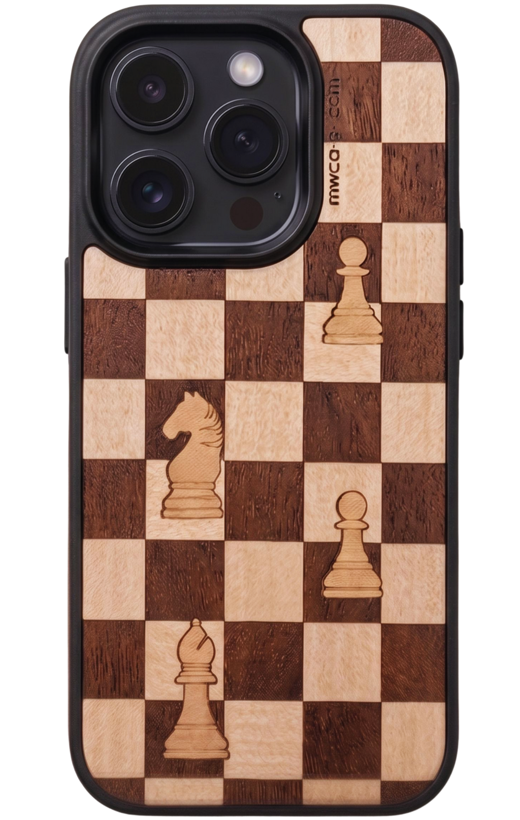 wooden phone case with chessboard pattern and figures on it