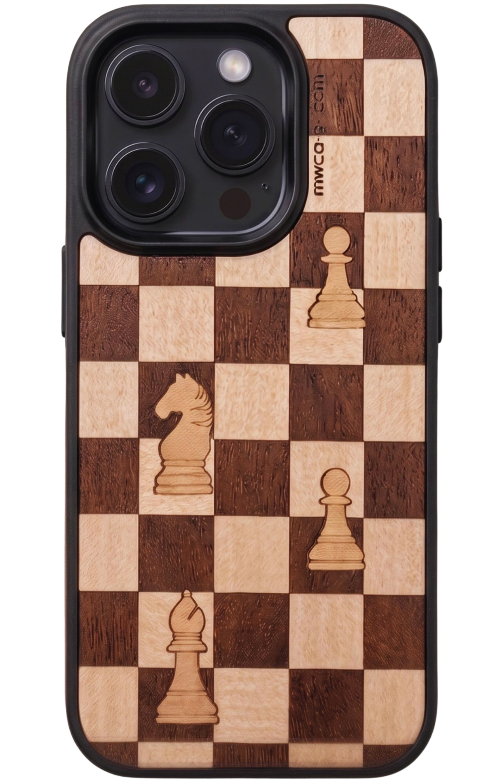 wooden phone case with chessboard pattern and figures on it