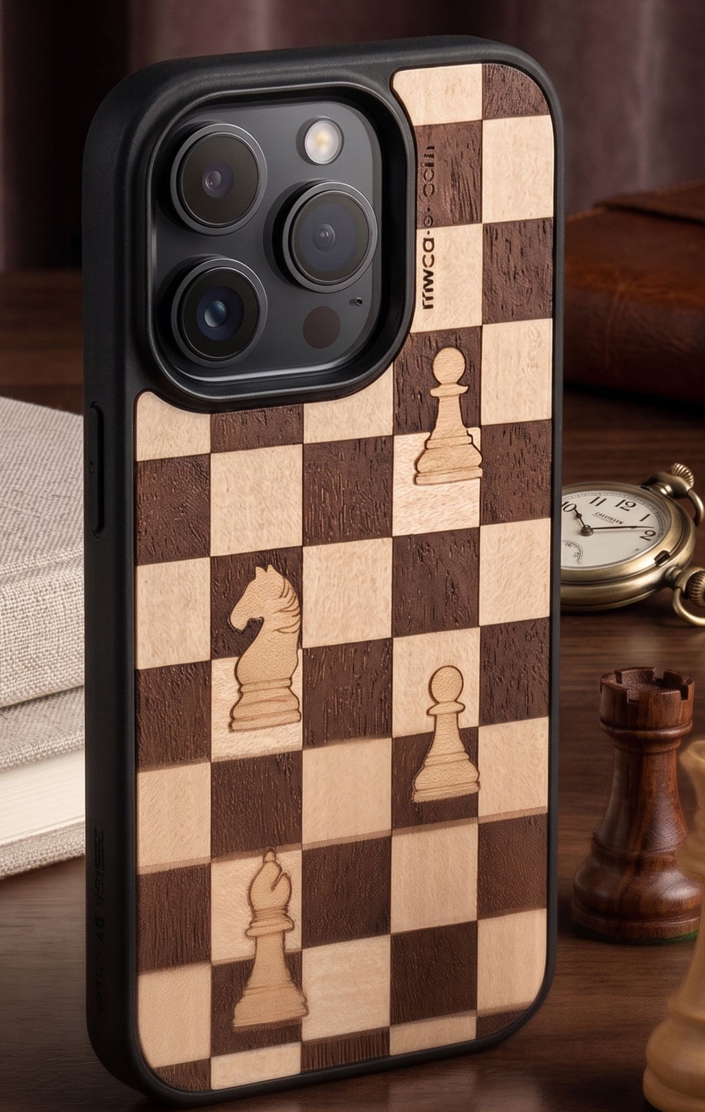 wooden phone case with chessboard pattern and figures on it in 45 degree angle